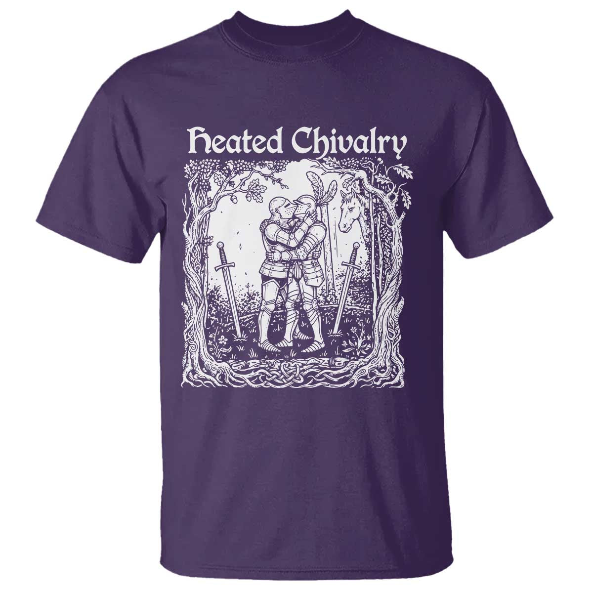Heated Chivalry Kissing Knights T Shirt Romantic Funny Medieval Woodcut Fantasy Folklore Graphic