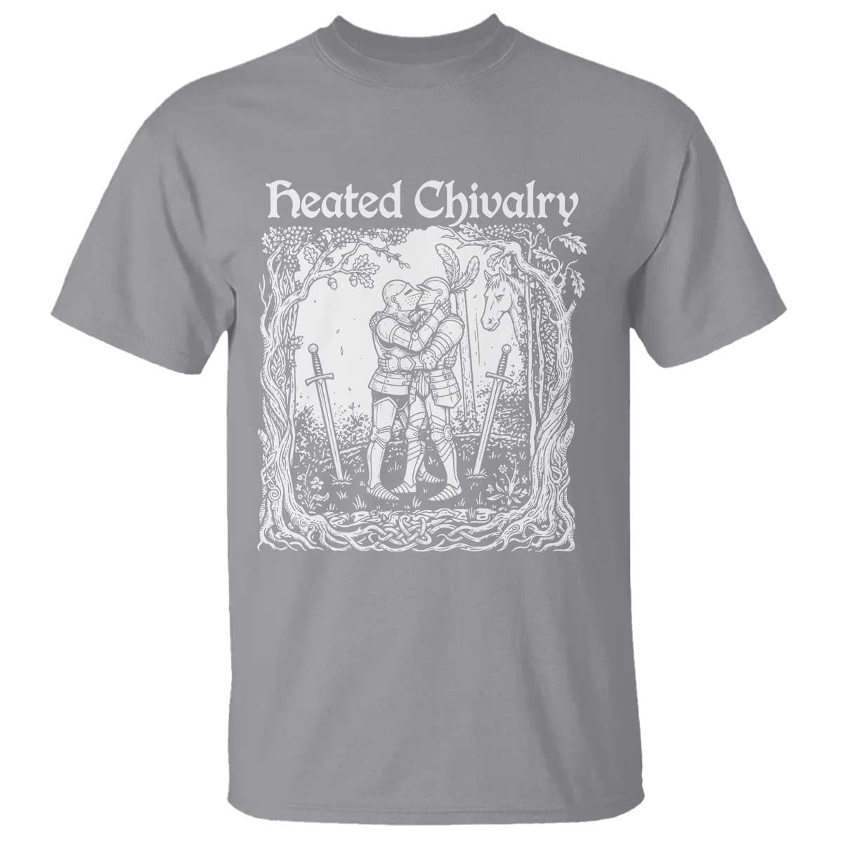 Heated Chivalry Kissing Knights T Shirt Romantic Funny Medieval Woodcut Fantasy Folklore Graphic
