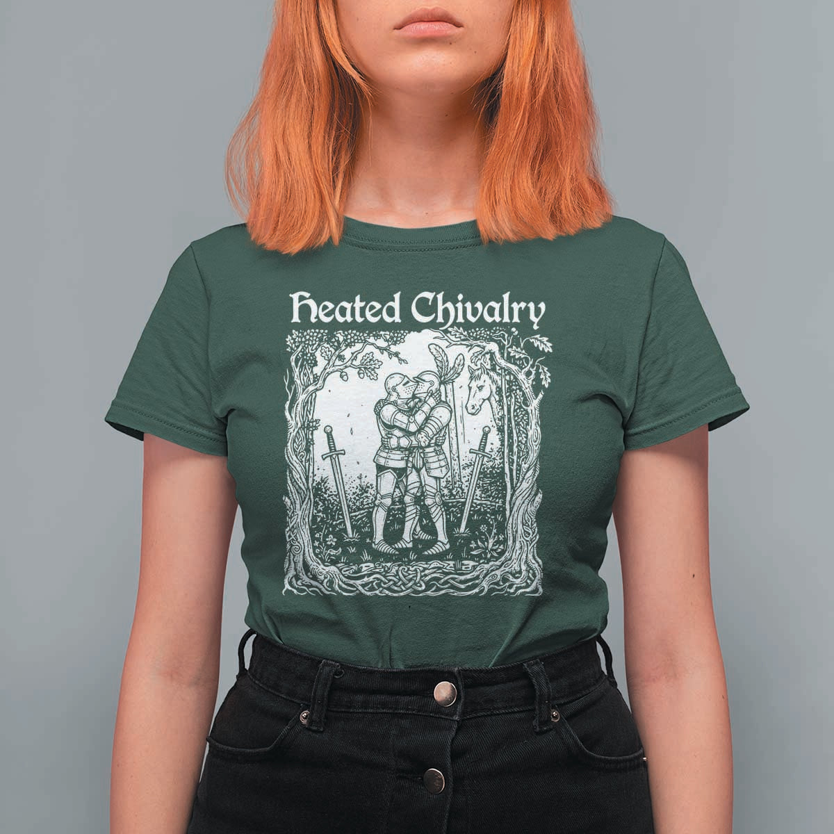 Heated Chivalry Kissing Knights T Shirt For Women Romantic Funny Medieval Woodcut Fantasy Folklore Graphic