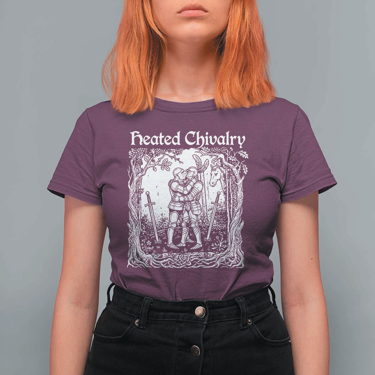 Heated Chivalry Kissing Knights T Shirt For Women Romantic Funny Medieval Woodcut Fantasy Folklore Graphic