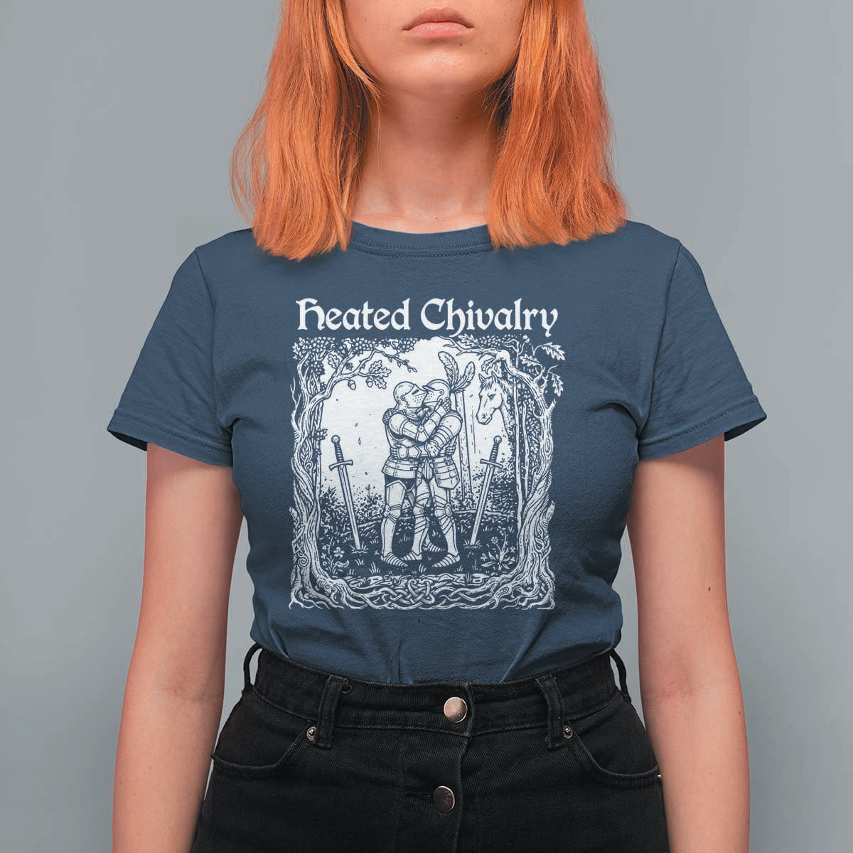 Heated Chivalry Kissing Knights T Shirt For Women Romantic Funny Medieval Woodcut Fantasy Folklore Graphic
