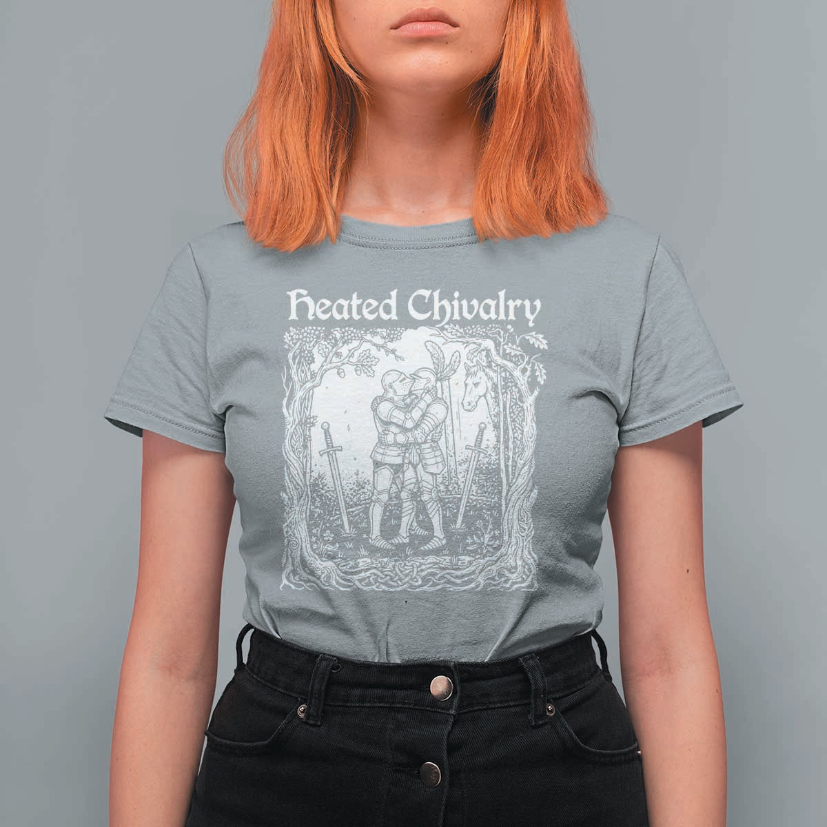 Heated Chivalry Kissing Knights T Shirt For Women Romantic Funny Medieval Woodcut Fantasy Folklore Graphic