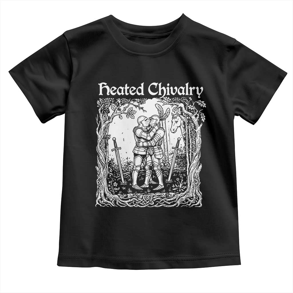 Heated Chivalry Kissing Knights Toddler T Shirt Romantic Funny Medieval Woodcut Fantasy Folklore Graphic