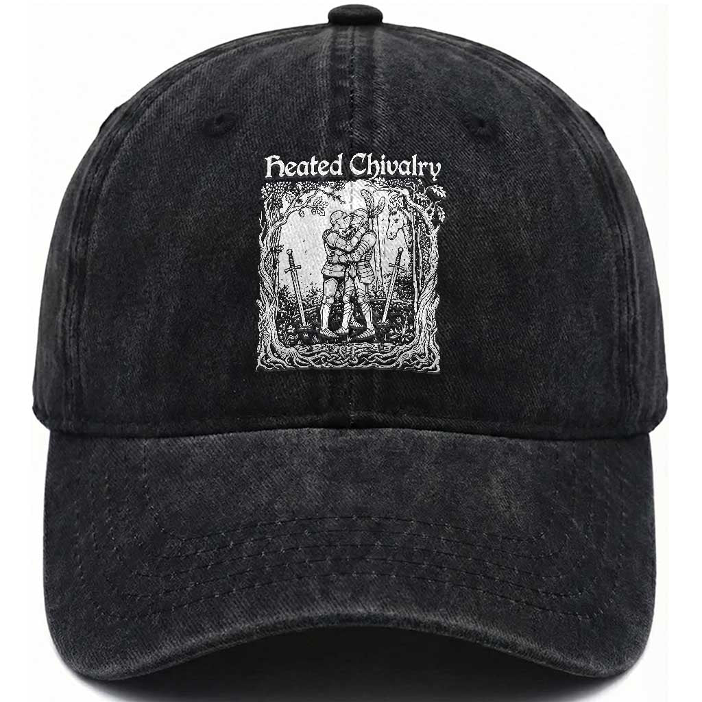 Heated Chivalry Kissing Knights Washed Cotton Baseball Cap Romantic Funny Medieval Woodcut Fantasy Folklore Graphic