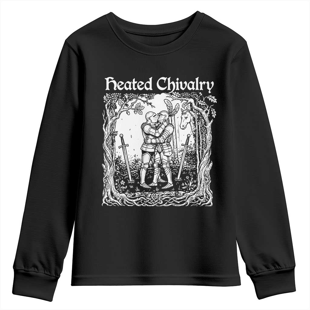 Heated Chivalry Kissing Knights Youth Sweatshirt Romantic Funny Medieval Woodcut Fantasy Folklore Graphic