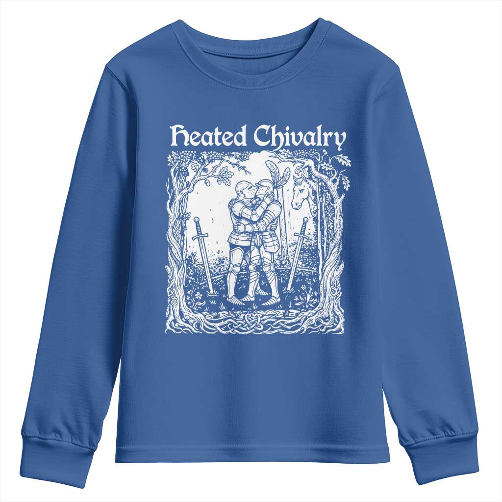Heated Chivalry Kissing Knights Youth Sweatshirt Romantic Funny Medieval Woodcut Fantasy Folklore Graphic