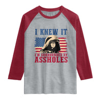 Funny I Knew It Im Surrounded by Axxholes Sci-fi Meme Raglan Shirt Patriotic Space Parody USA Flag Sarcastic 1980s Movie Quote