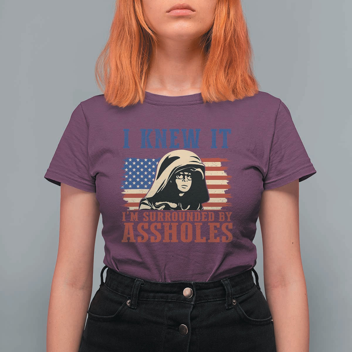Funny I Knew It Im Surrounded by Axxholes Sci-fi Meme T Shirt For Women Patriotic Space Parody USA Flag Sarcastic 1980s Movie Quote