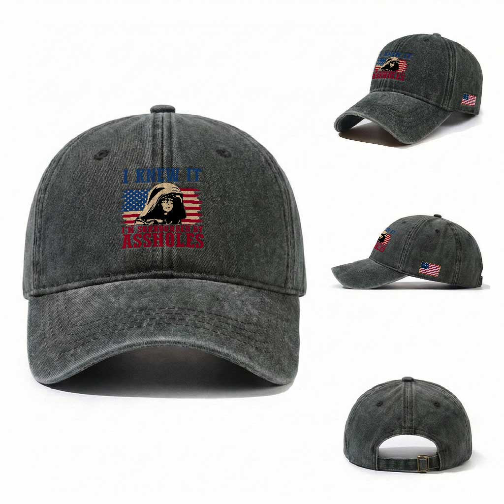 Funny I Knew It Im Surrounded by Axxholes Sci-fi Meme Washed Cotton Baseball Cap Patriotic Space Parody USA Flag Sarcastic 1980s Movie Quote