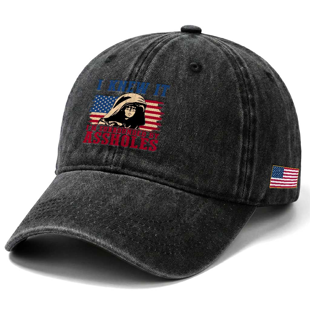 Funny I Knew It Im Surrounded by Axxholes Sci-fi Meme Washed Cotton Baseball Cap Patriotic Space Parody USA Flag Sarcastic 1980s Movie Quote