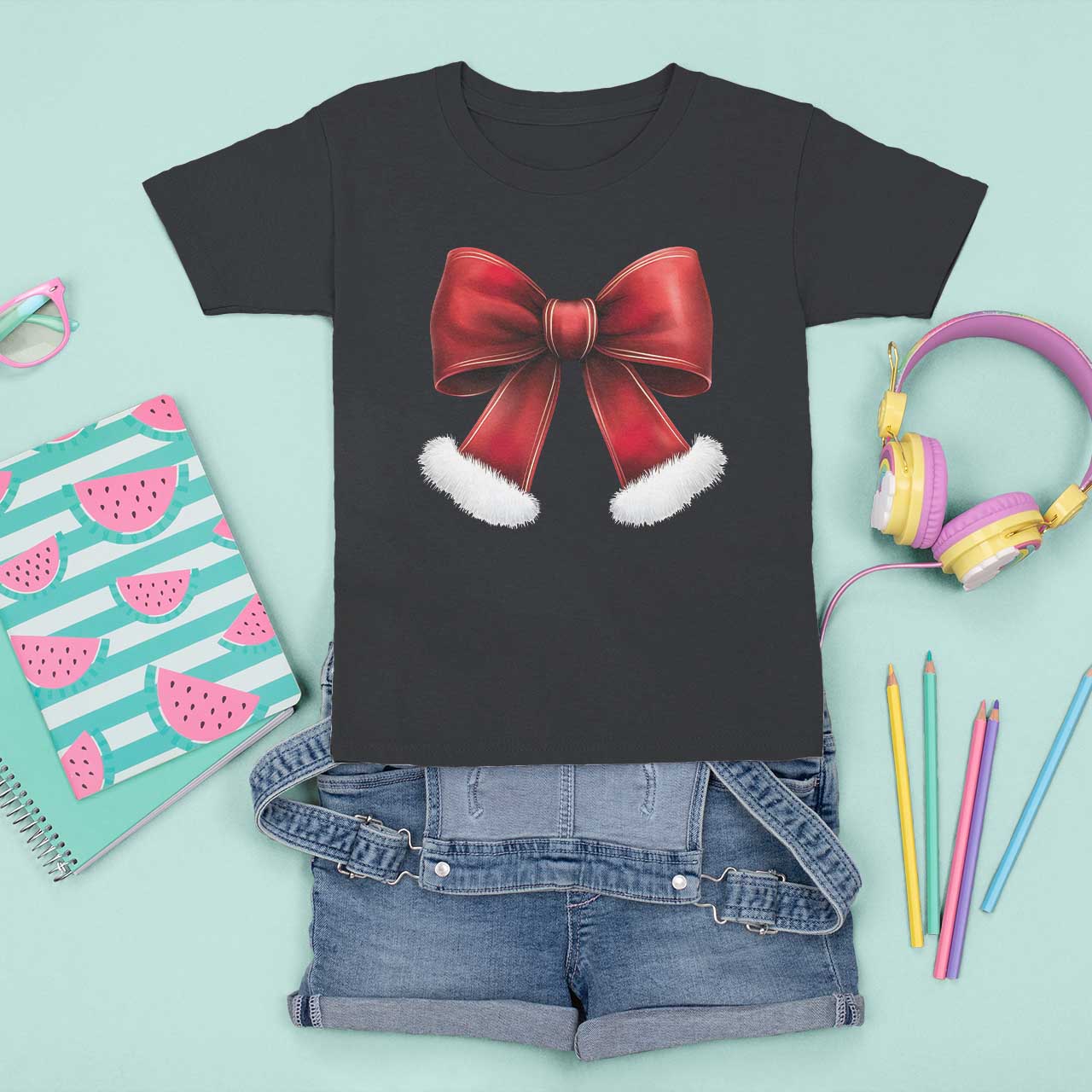 Red Coquette Bow Santa Retro Christmas Vibe T Shirt For Kid - Wonder Print Shop