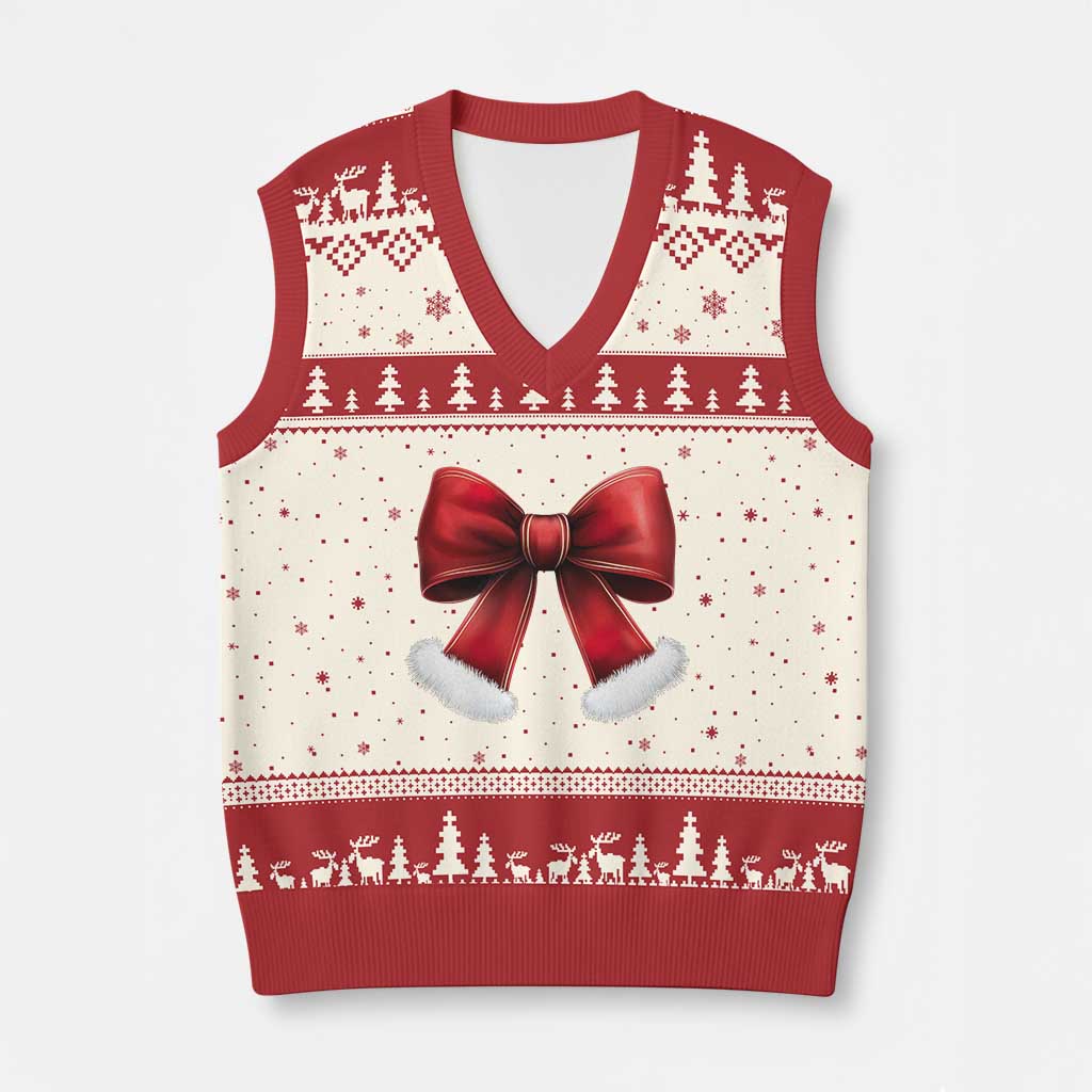 Red Coquette Bow Santa Retro Xmas Vibe V-Neck Knit Sweater Vest - Wonder Print Shop