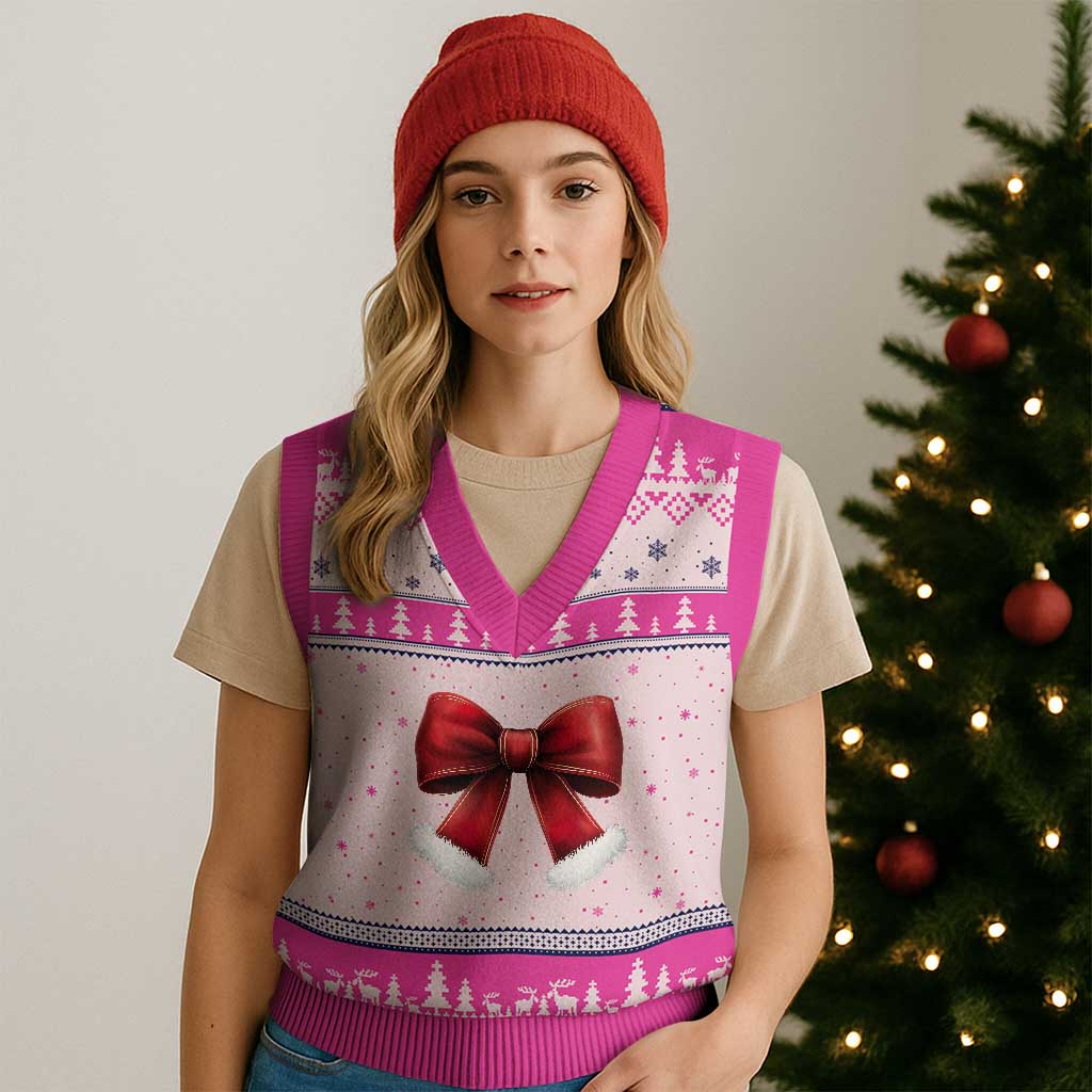 Red Coquette Bow Santa Retro Xmas Vibe V-Neck Knit Sweater Vest - Wonder Print Shop