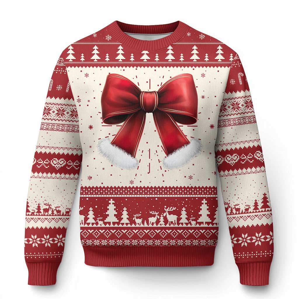 Red Coquette Bow Santa Retro Xmas Vibe Ugly Christmas Sweater - Wonder Print Shop