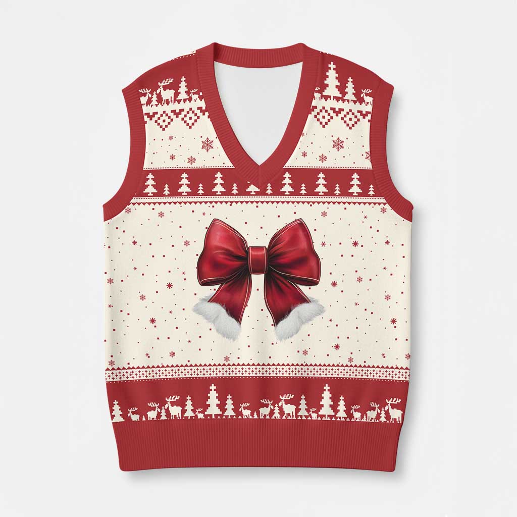 Red Coquette Bow Santa Xmas Vibe V-Neck Knit Sweater Vest - Wonder Print Shop