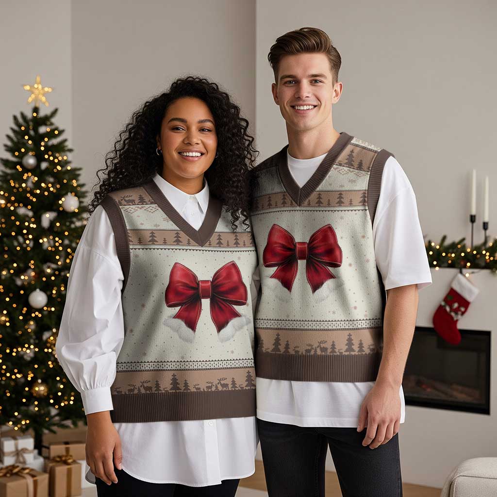 Red Coquette Bow Santa Xmas Vibe V-Neck Knit Sweater Vest - Wonder Print Shop