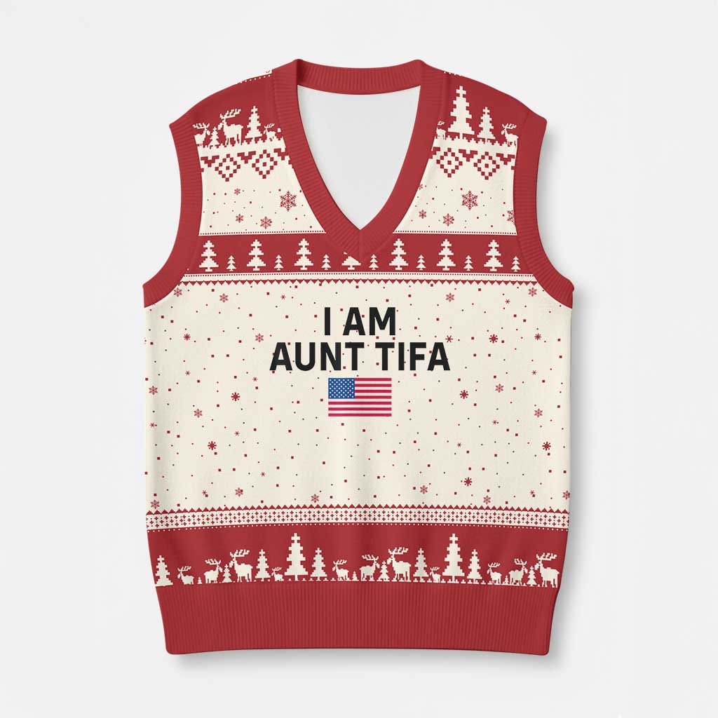 Funny I Am Aunt Tifa V-Neck Knit Sweater Vest Sarcastic Political Meme American Flag - Wonder Print Shop