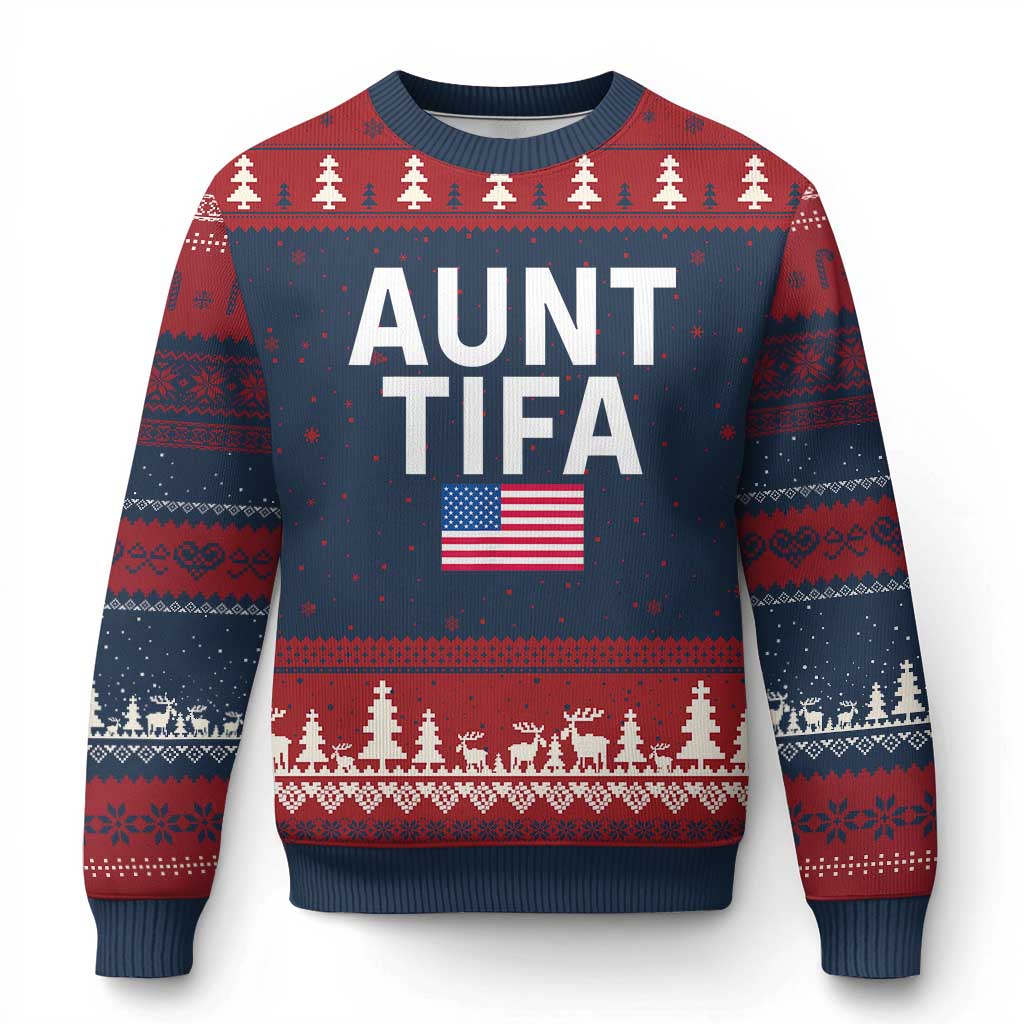 Aunt Tifa Ugly Christmas Sweater Funny Political Sarcasm Patriotic American Flag - Wonder Print Shop