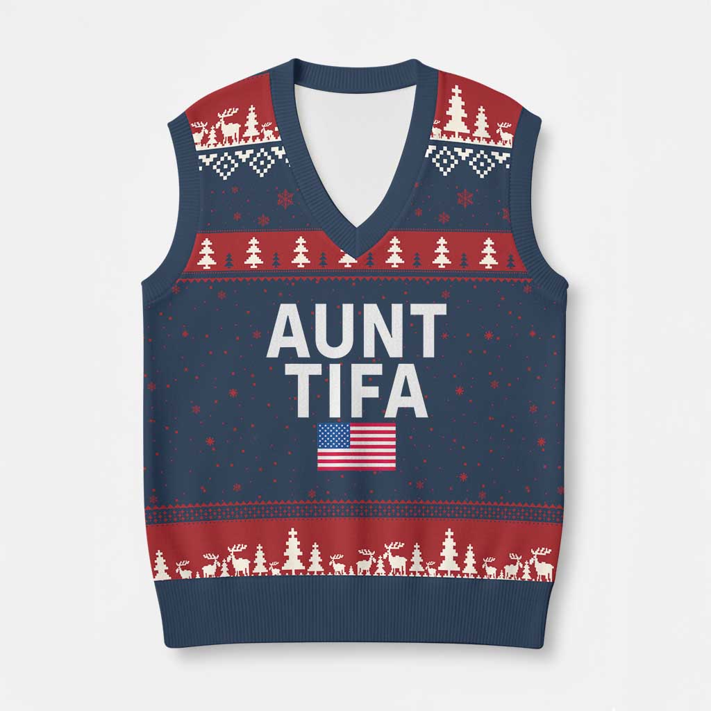 Aunt Tifa V-Neck Knit Sweater Vest Funny Political Sarcasm Patriotic American Flag - Wonder Print Shop