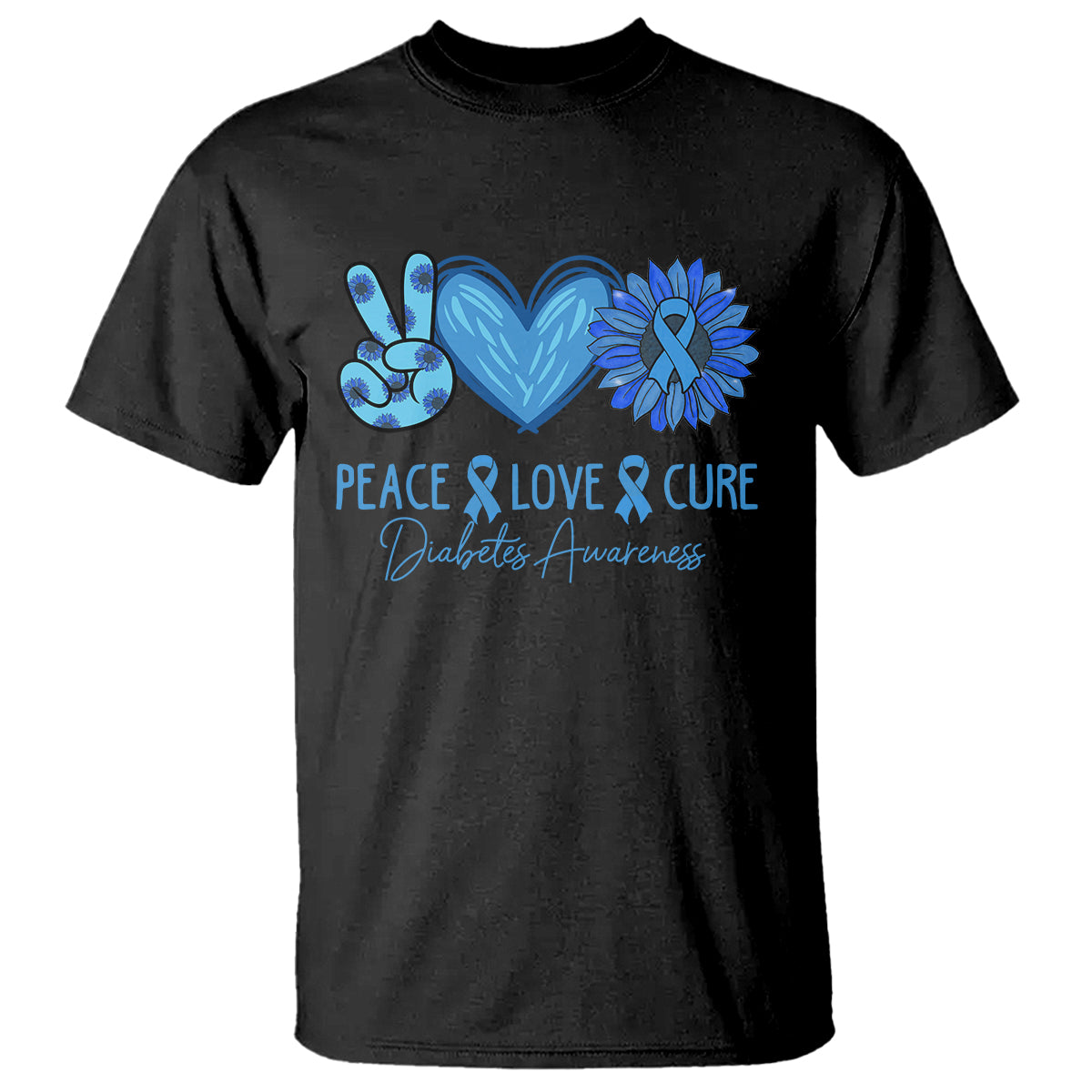 Peace Love Cure Blue Ribbon Sunflower Diabetes Awareness T Shirt - Wonder Print Shop