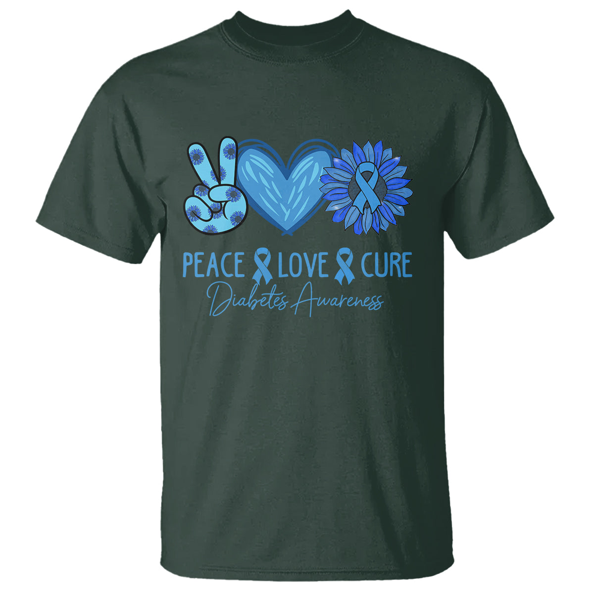 Peace Love Cure Blue Ribbon Sunflower Diabetes Awareness T Shirt - Wonder Print Shop