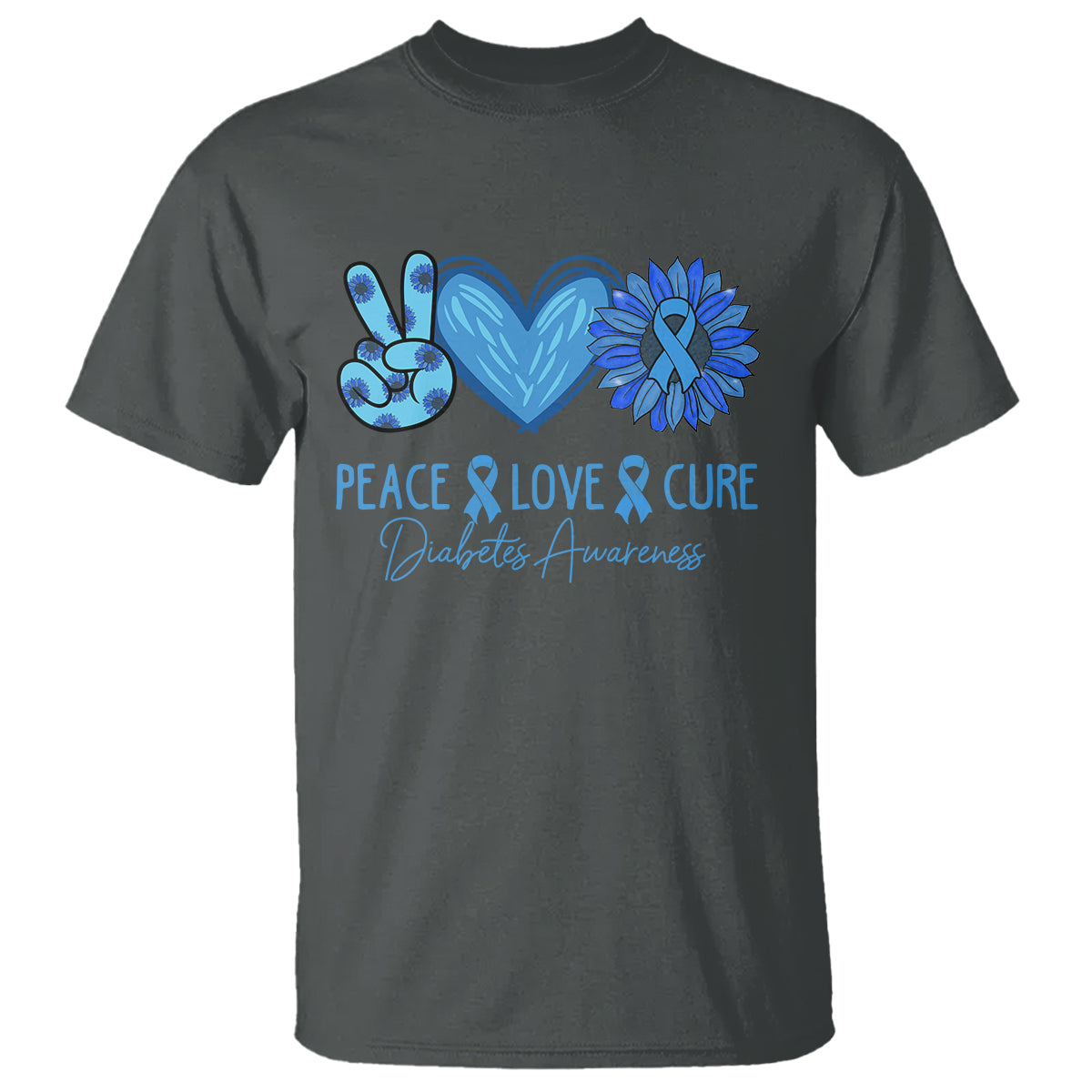 Peace Love Cure Blue Ribbon Sunflower Diabetes Awareness T Shirt - Wonder Print Shop