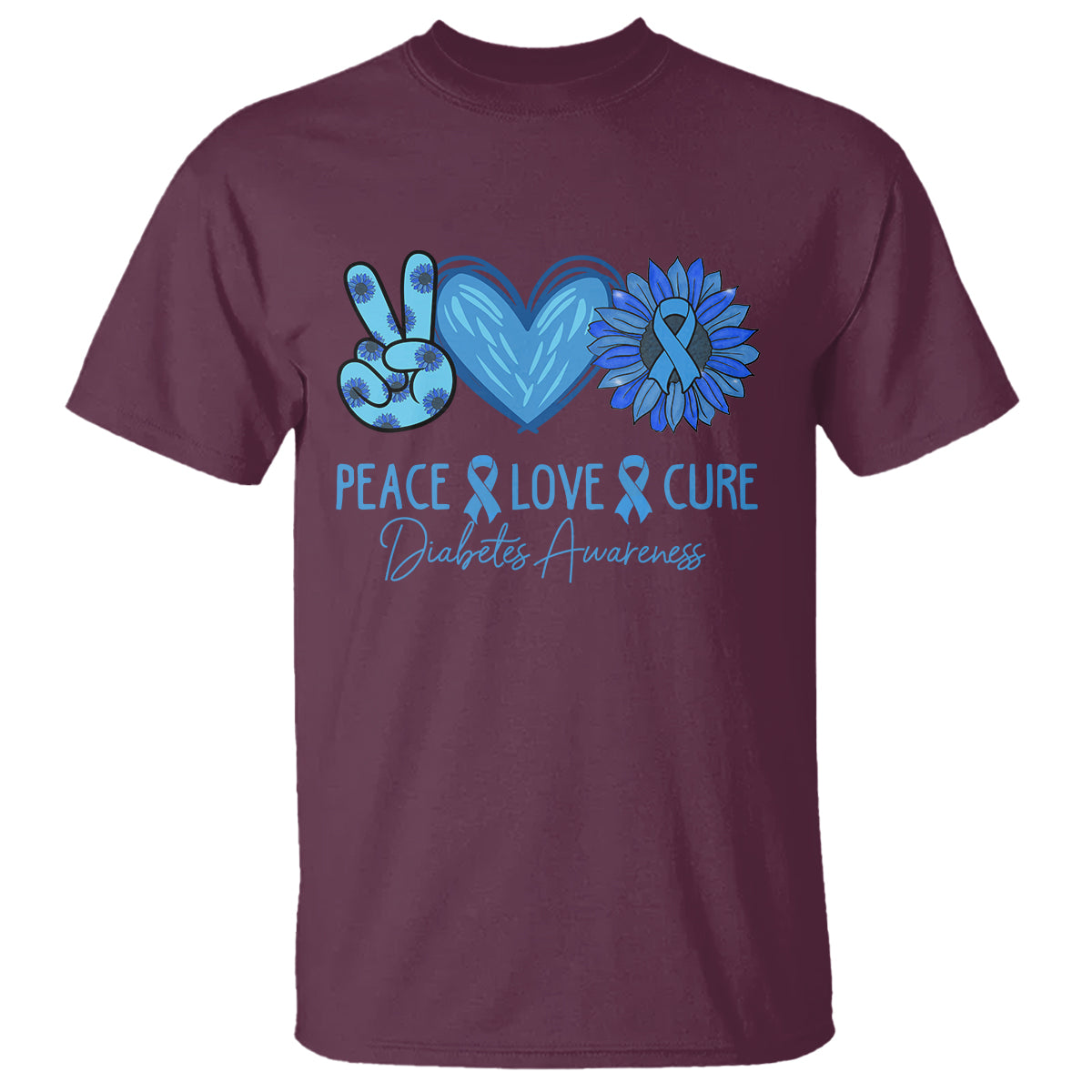 Peace Love Cure Blue Ribbon Sunflower Diabetes Awareness T Shirt - Wonder Print Shop