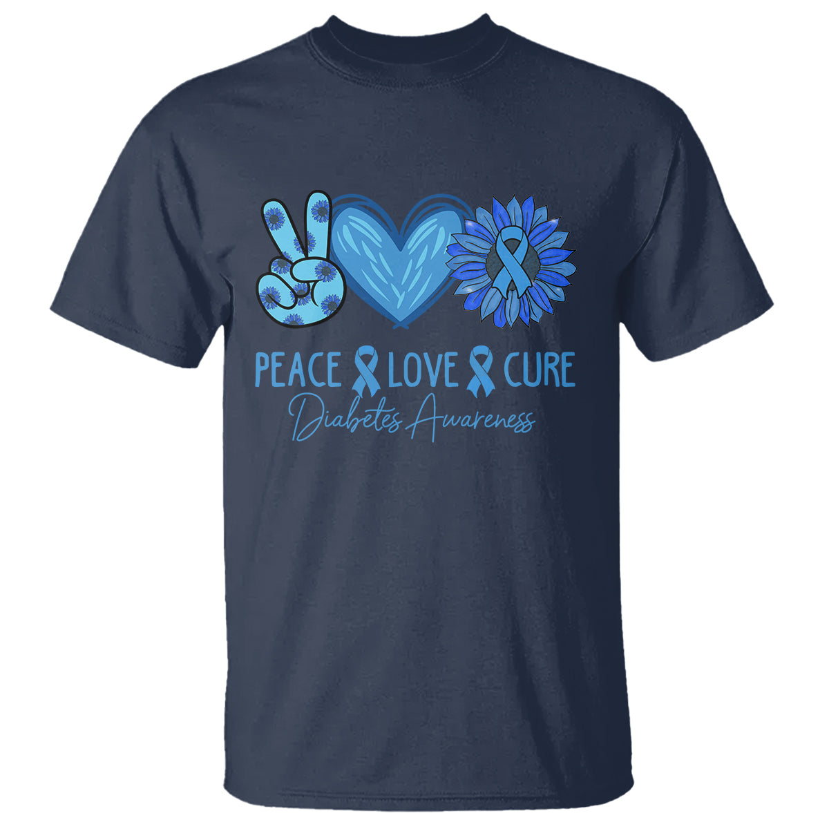 Peace Love Cure Blue Ribbon Sunflower Diabetes Awareness T Shirt - Wonder Print Shop