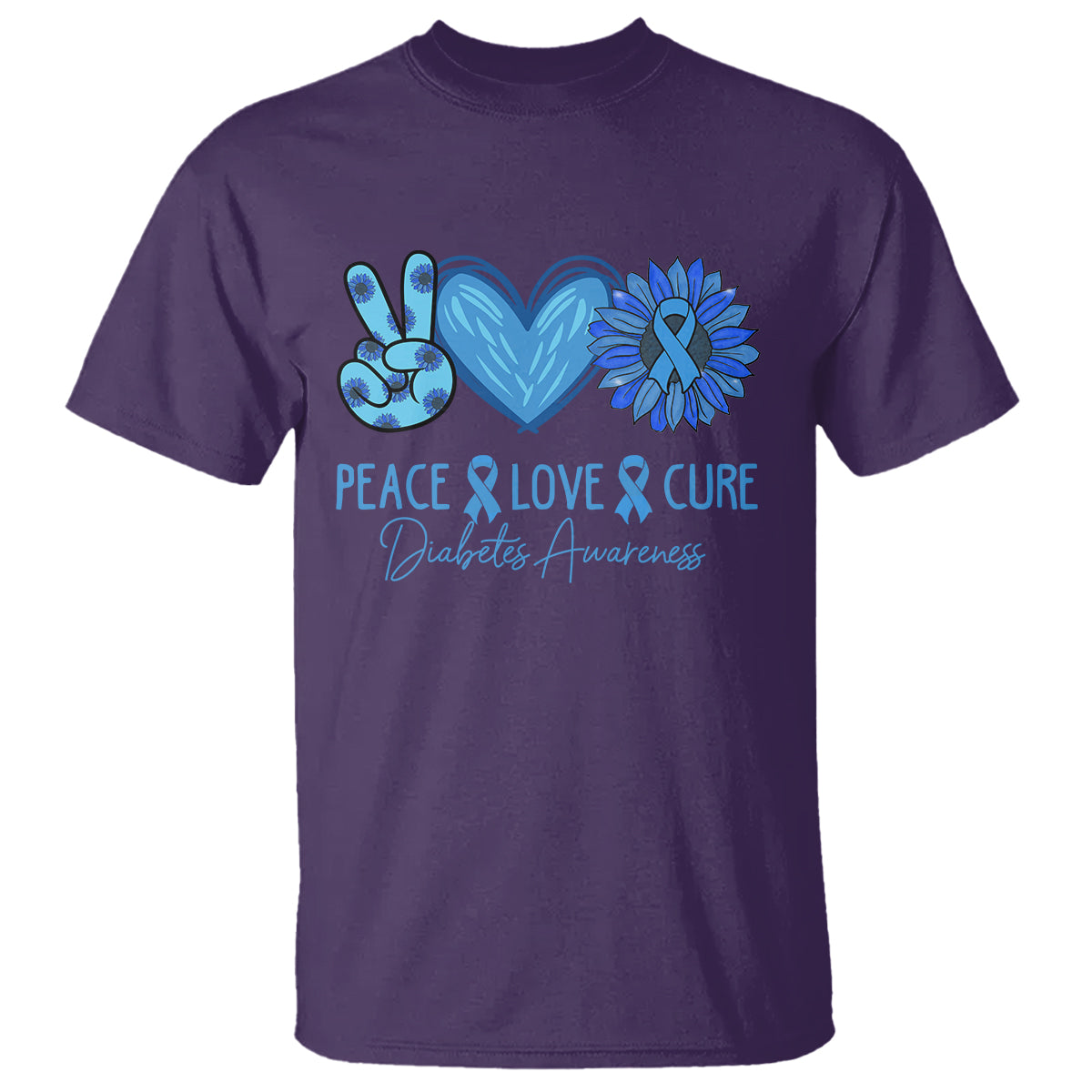 Peace Love Cure Blue Ribbon Sunflower Diabetes Awareness T Shirt - Wonder Print Shop