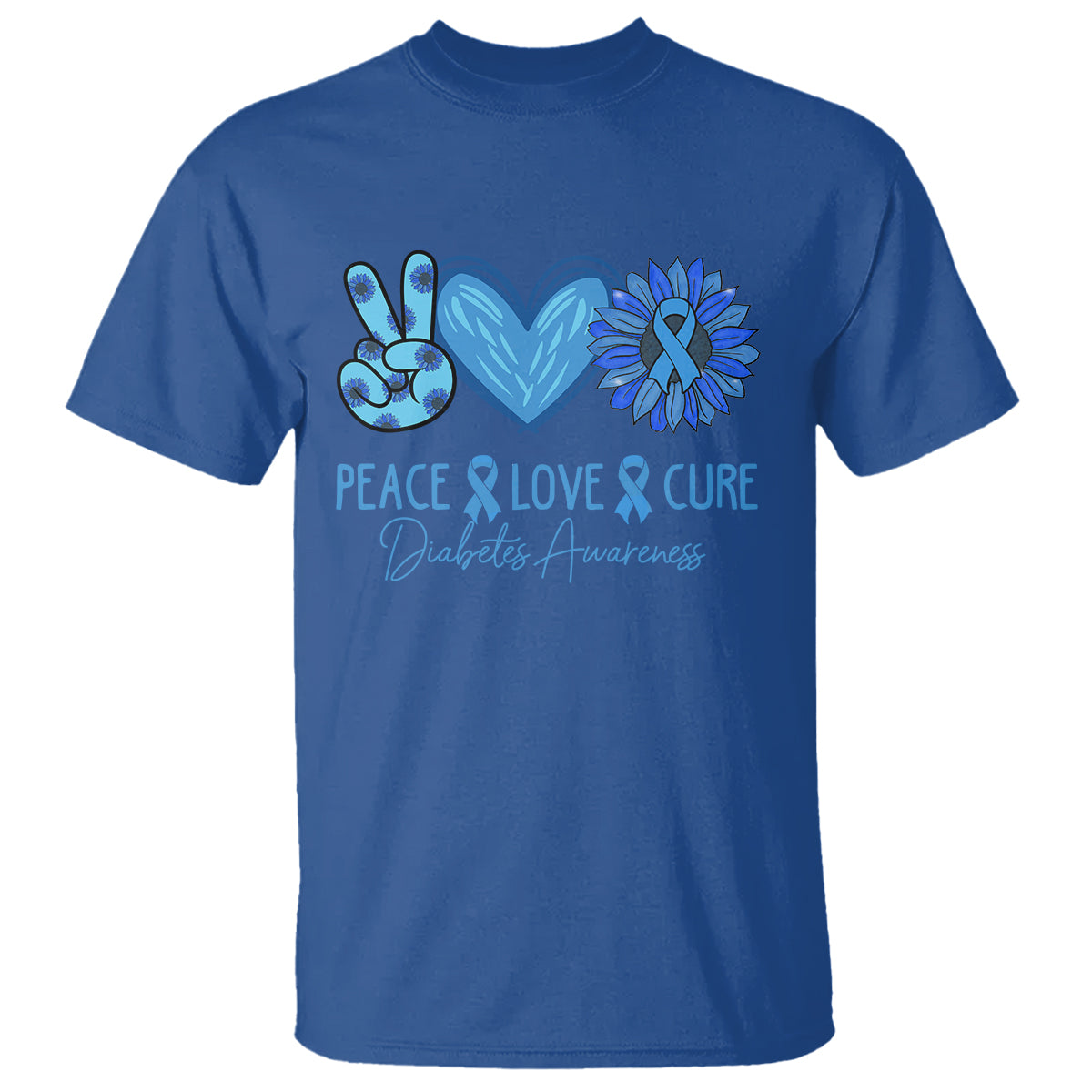Peace Love Cure Blue Ribbon Sunflower Diabetes Awareness T Shirt - Wonder Print Shop