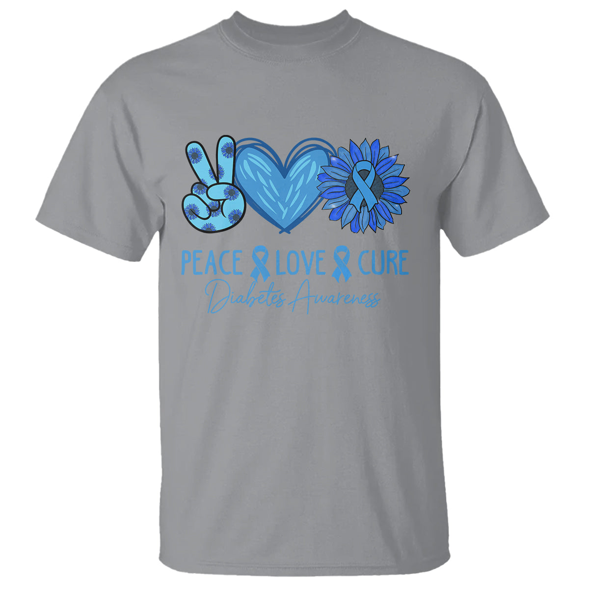 Peace Love Cure Blue Ribbon Sunflower Diabetes Awareness T Shirt - Wonder Print Shop