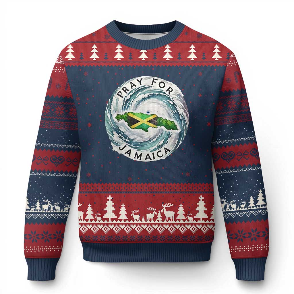Pray For Jamaica Hurricane Support Ugly Christmas Sweater Strong Island Map and Storm Graphic