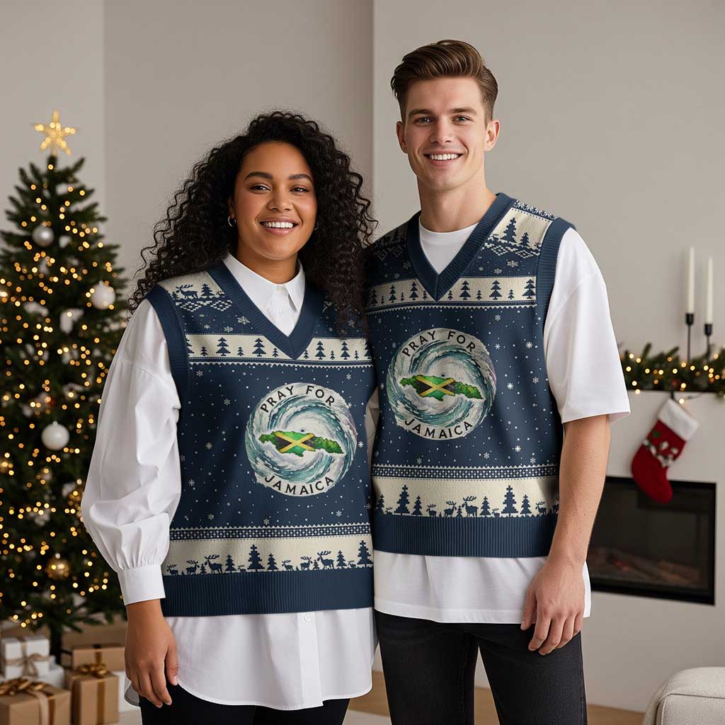 Pray For Jamaica Hurricane Support V-Neck Knit Sweater Vest Strong Island Map and Storm Graphic