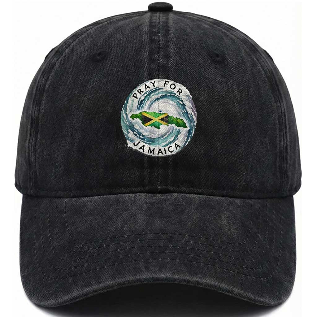Pray For Jamaica Hurricane Support Washed Cotton Baseball Cap Strong Island Map and Storm Graphic