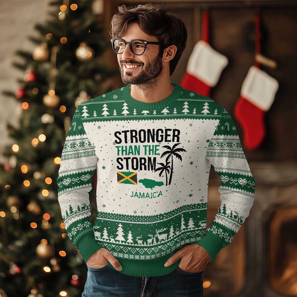 Stronger Than The Storm Jamaica Ugly Christmas Sweater Resilience and Hope Hurricane Awareness