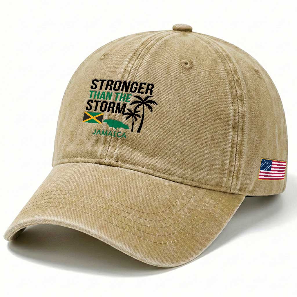 Stronger Than The Storm Jamaica Washed Cotton Baseball Cap Resilience and Hope Hurricane Awareness