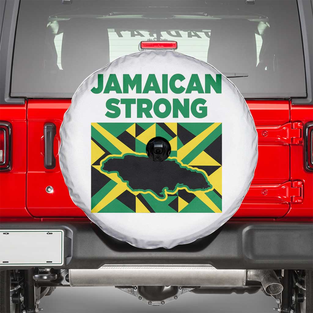 Jamaican Strong Resilience Geometric Flag Spare Tire Cover Abstract Island Map and Heritage