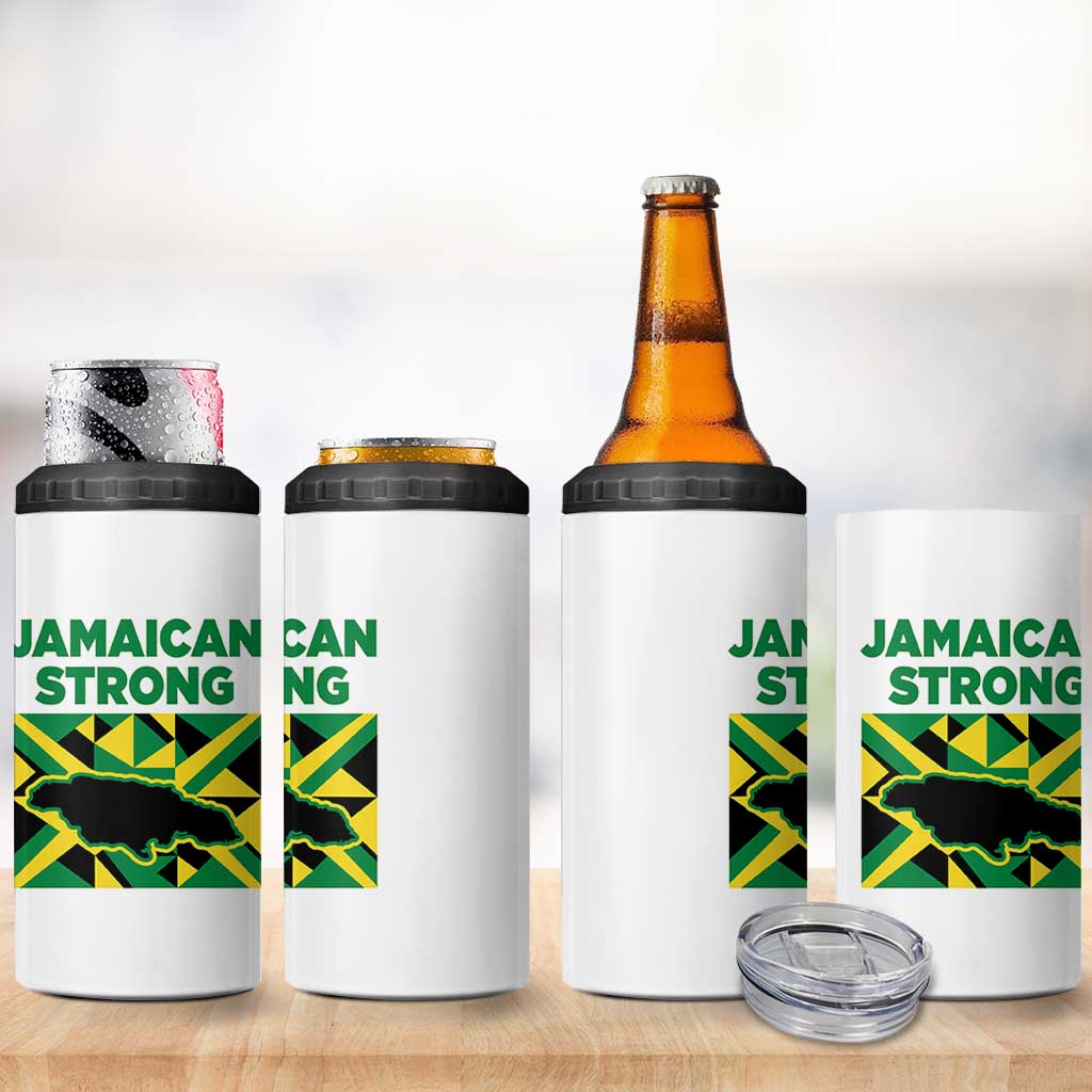 Jamaican Strong Resilience Geometric Flag 4 in 1 Can Cooler Tumbler Abstract Island Map and Heritage