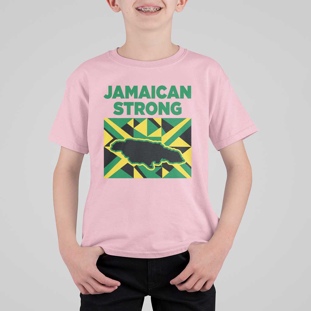 Jamaican Strong Resilience Geometric Flag T Shirt For Kid Abstract Island Map and Heritage
