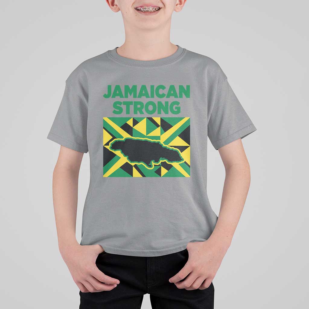 Jamaican Strong Resilience Geometric Flag T Shirt For Kid Abstract Island Map and Heritage