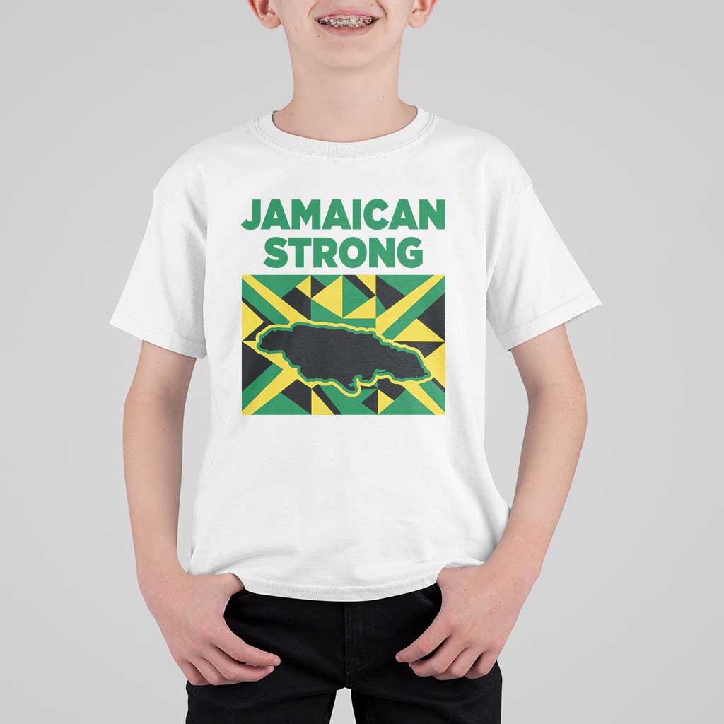 Jamaican Strong Resilience Geometric Flag T Shirt For Kid Abstract Island Map and Heritage