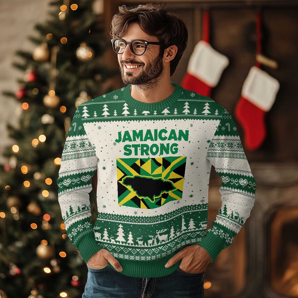 Jamaican Strong Resilience Geometric Flag Ugly Christmas Sweater Abstract Island Map and Heritage