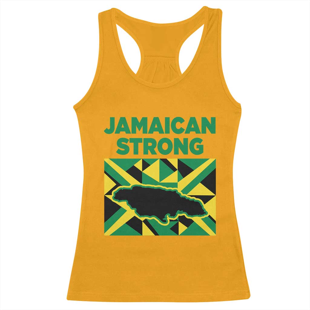 Jamaican Strong Resilience Geometric Flag Racerback Tank Top Abstract Island Map and Heritage