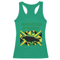 Jamaican Strong Resilience Geometric Flag Racerback Tank Top Abstract Island Map and Heritage