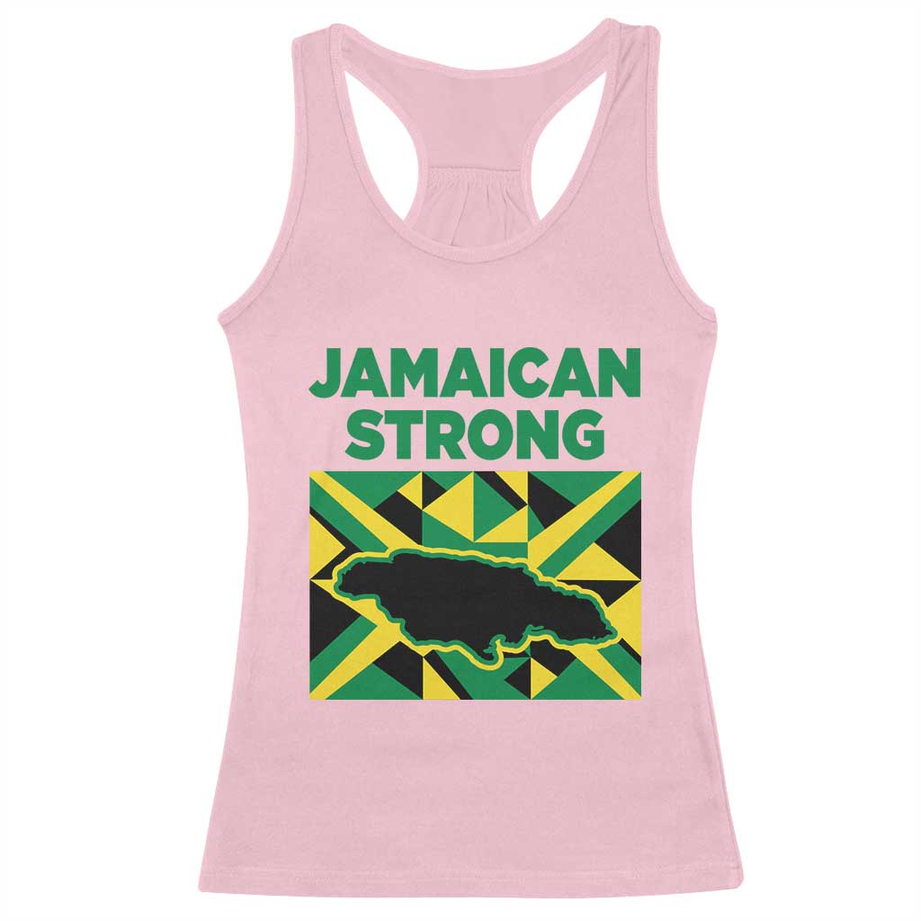 Jamaican Strong Resilience Geometric Flag Racerback Tank Top Abstract Island Map and Heritage