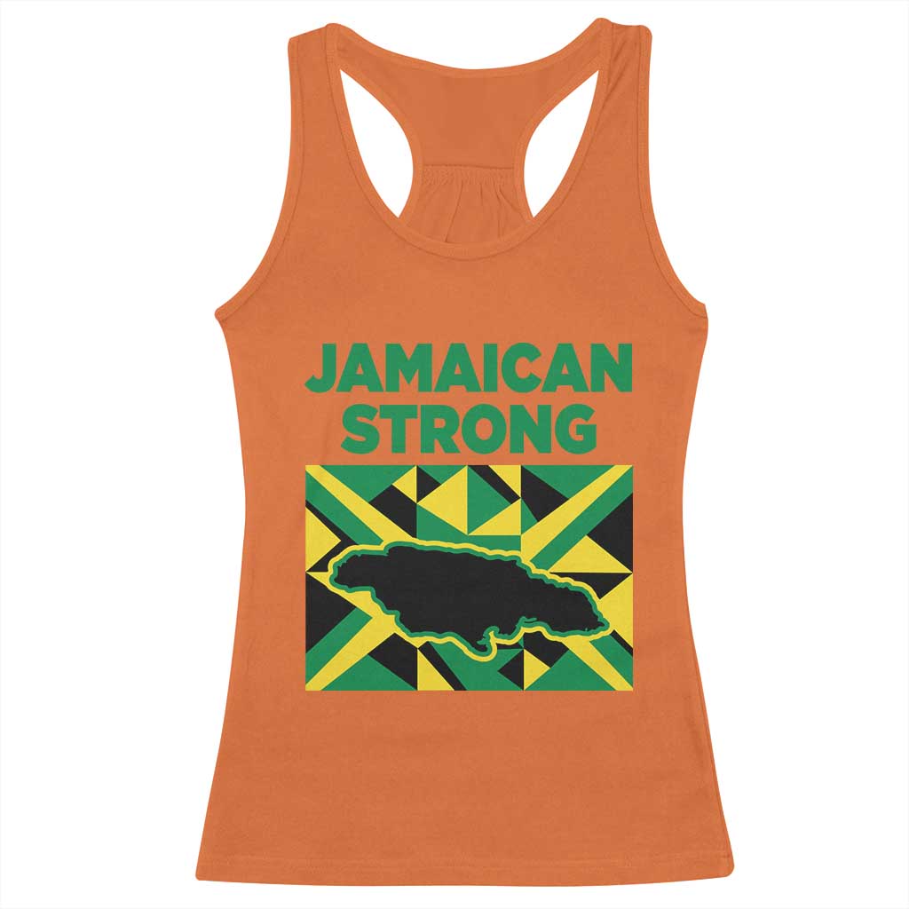 Jamaican Strong Resilience Geometric Flag Racerback Tank Top Abstract Island Map and Heritage