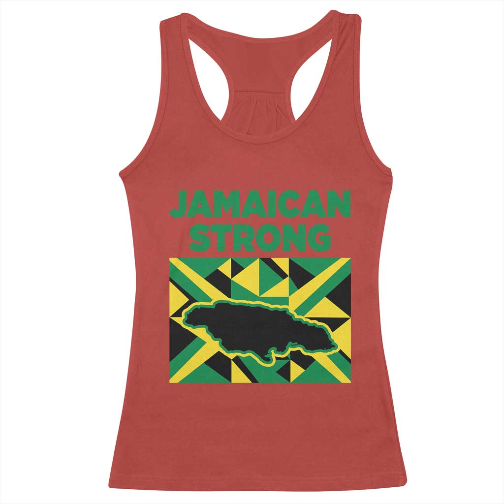 Jamaican Strong Resilience Geometric Flag Racerback Tank Top Abstract Island Map and Heritage
