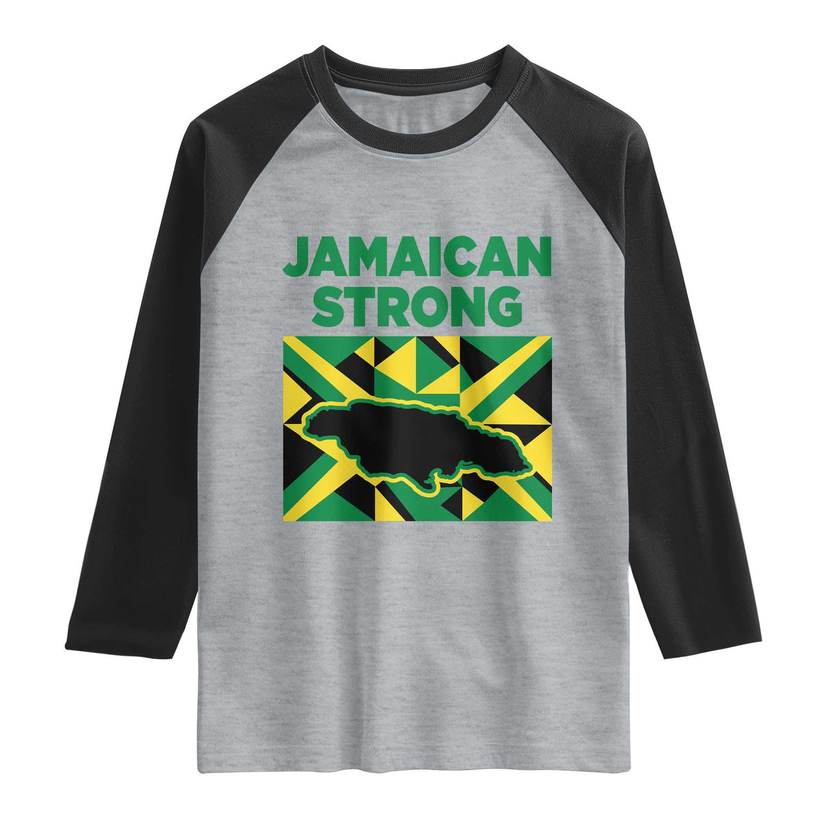 Jamaican Strong Resilience Geometric Flag Raglan Shirt Abstract Island Map and Heritage