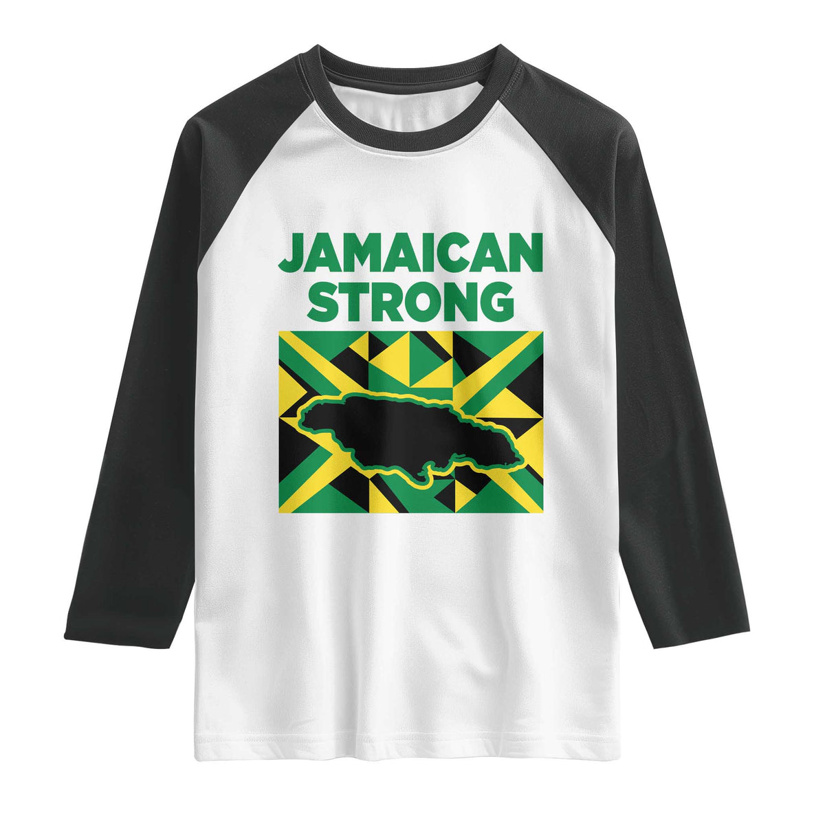 Jamaican Strong Resilience Geometric Flag Raglan Shirt Abstract Island Map and Heritage