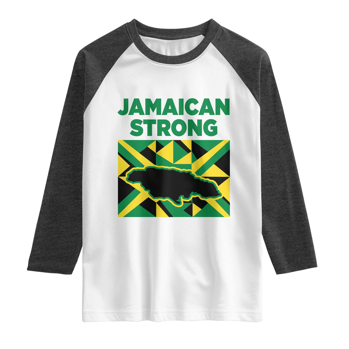 Jamaican Strong Resilience Geometric Flag Raglan Shirt Abstract Island Map and Heritage